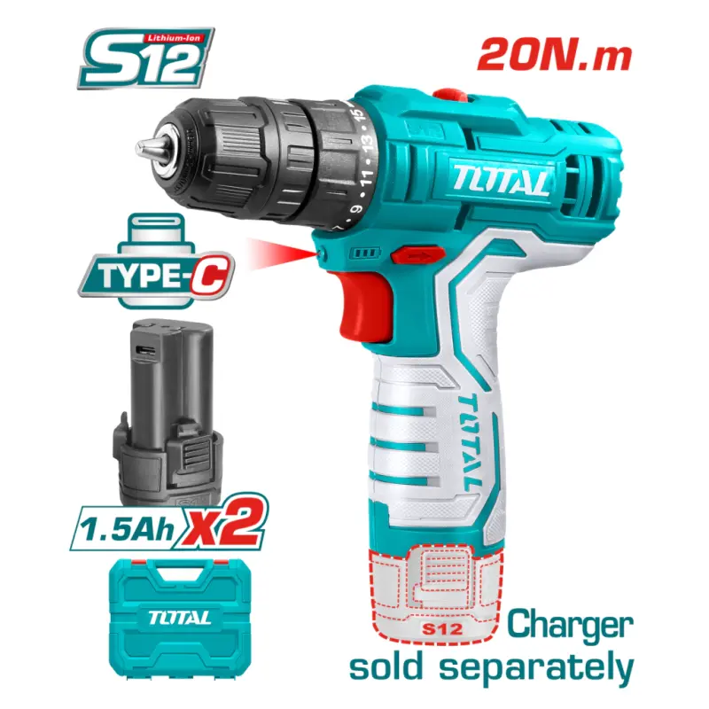 Taladro Percutor 12V 1500rpm 20Nm TOTAL TDLI12202 con Maletín y 2 Baterías Carga Tipo C