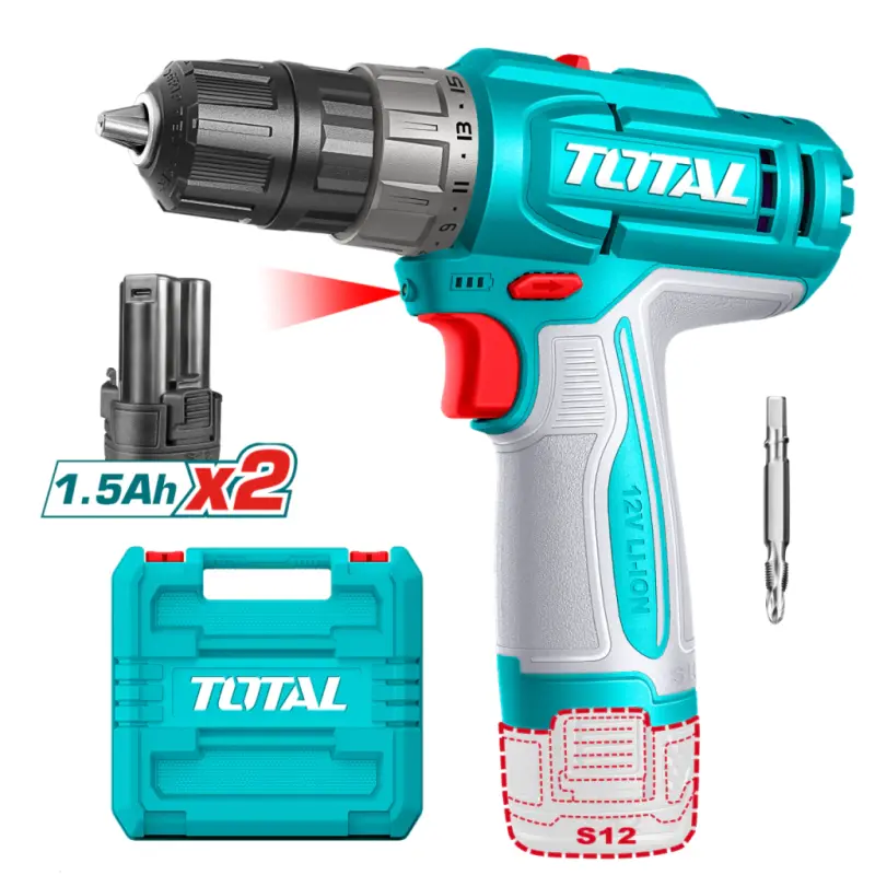 Taladro 12V 1500rpm 20Nm TOTAL TDLI12206 (MALETIN Y 2 BATERIAS CARGA TIPO C)