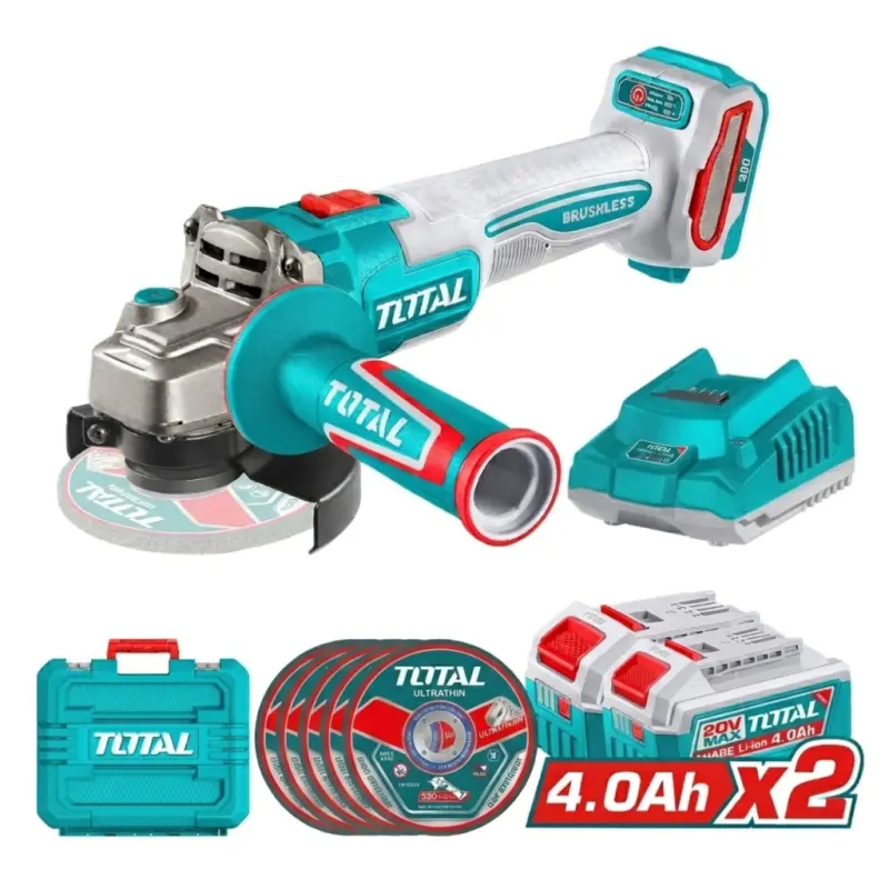 Amoladora Angular 20V BL 900W 115mm INDUSTRIAL TOTAL TAGLI261522-4 con Maletin Cargador y 2 Baterias 4Ah