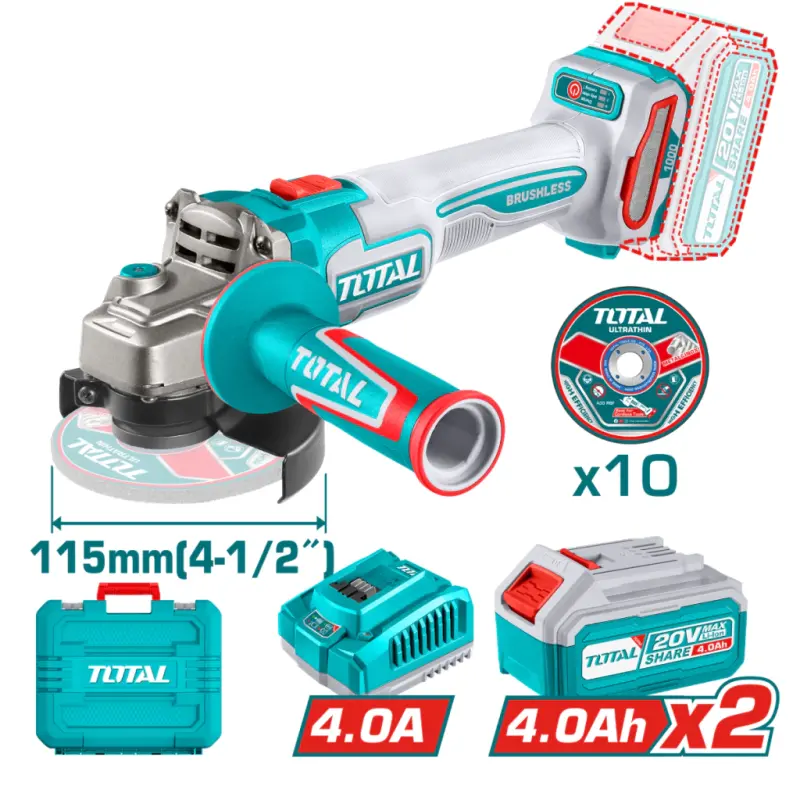 Amoladora Angular 20V BL 1000W 115mm INDUSTRIAL TOTAL TAGLI271532-4 (MALETIN, CARGADOR, Y 2 BATERIAS 4Ah)