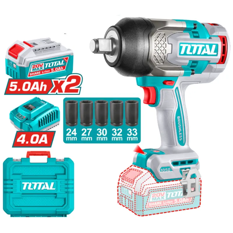 Llave de Impacto 20V BL 1050Nm Industrial - TOTAL TIWLI20105-4 (MALETIN, CARGADOR, Y DOS BATERIAS 5Ah)