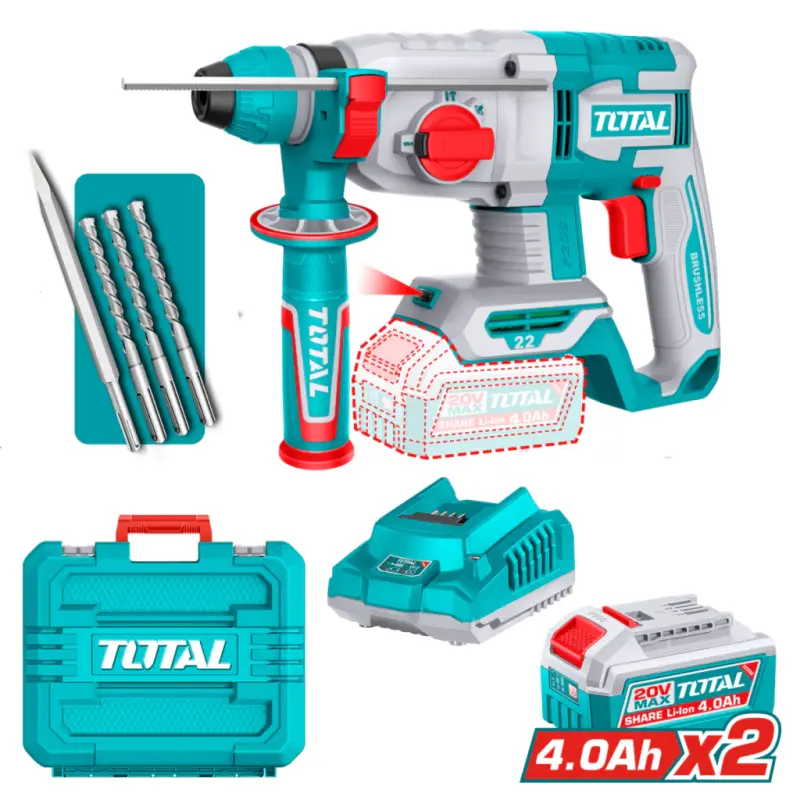 Rotomartillo SDS PLUS 20V BL 22mm INDUSTRIAL TOTAL TRHLI212282-4 (MALETIN, CARGADOR, Y 2 BATERIAS 4Ah)