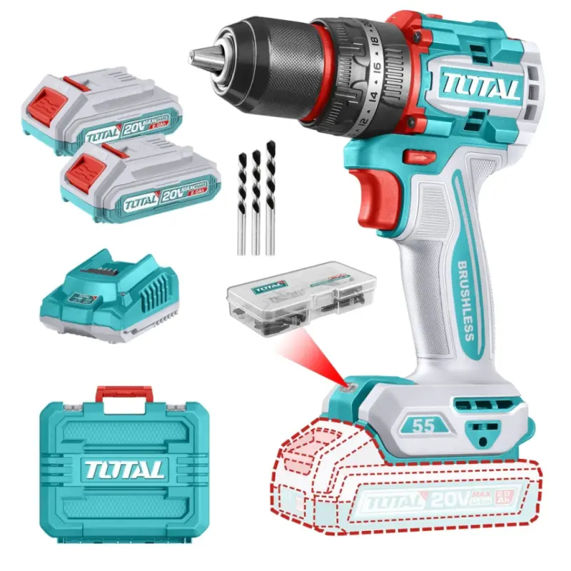 Taladro Percutor Inalámbrico 20V Total Tools Brushless 55Nm 2 Baterías TIDLI20558