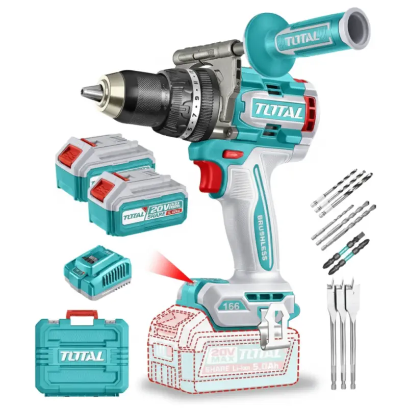 Taladro Atornillador Percutor 20V Brushless TOTAL 166Nm 13mm con 2 Baterías 5Ah TIDLI201668