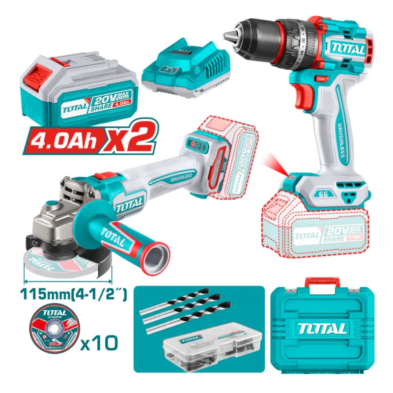 Kit Taladro Percutor 66Nm + Amoladora Angular 1000W 115mm TOTAL TCKLI20273-4