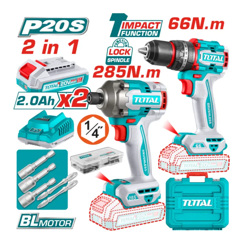 Kit Taladro Percutor 66Nm + Atornillador de Impacto 285Nm Total TCKLI20277-4