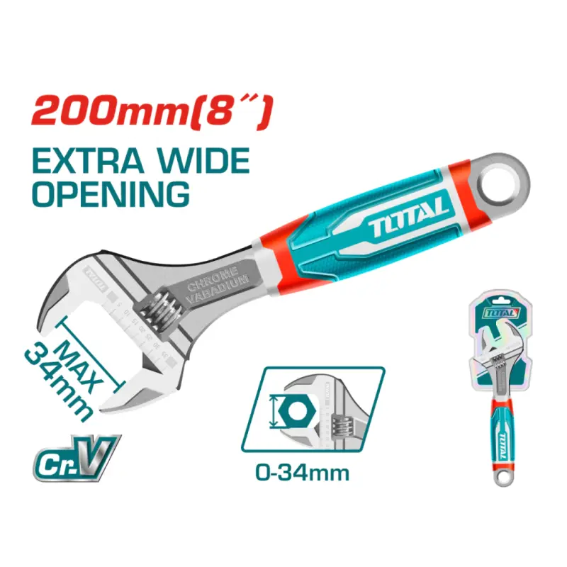 Llave Francesa Ajustable 8 200mm Cr-v Industrial Total THT101086